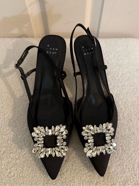 a new day Black Pointed Slingback Heels with Crystal Square Buckles